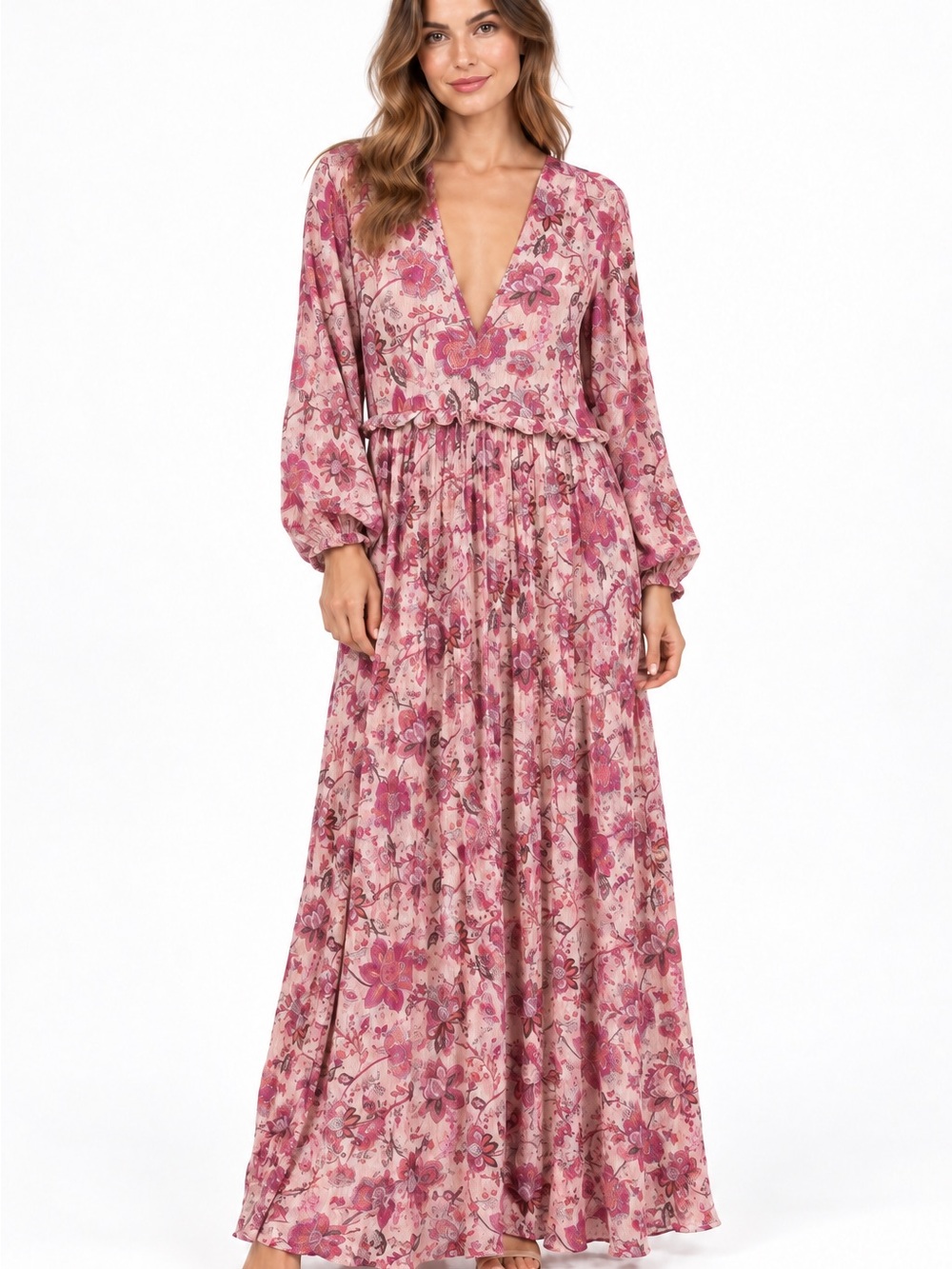 Bohemian Floral V-Neck Maxi Dress in Dusty Rose